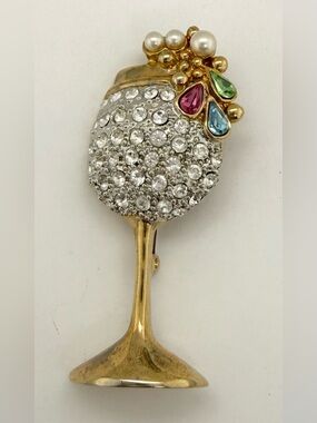 Gold-Tone Crystal Rhinestone Wine Glass Brooch Pin Multicolor Swarovski? Signed
